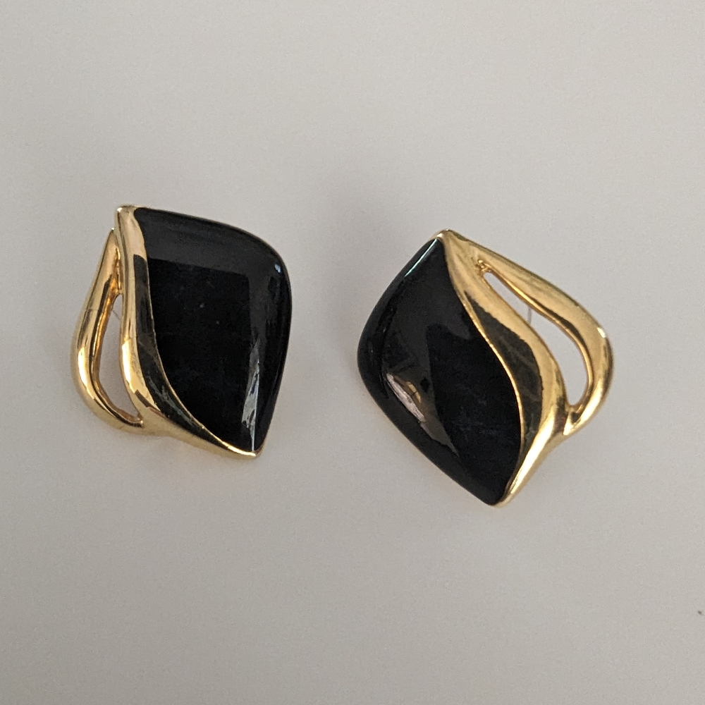 Black Enamel and Gold Asymmetrical Earrings with Geometric Design